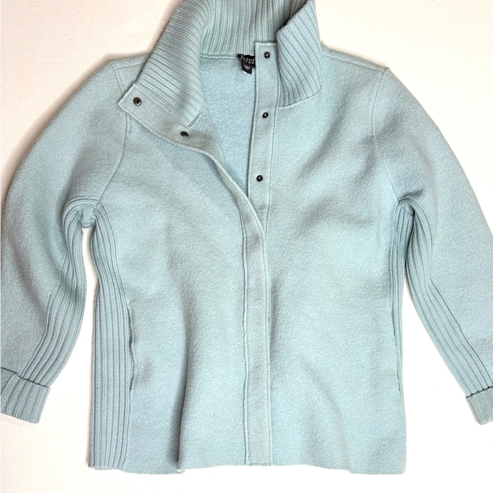 Eileen Fisher 100% Wool Boucle’ Light Blue Jacket Size Large